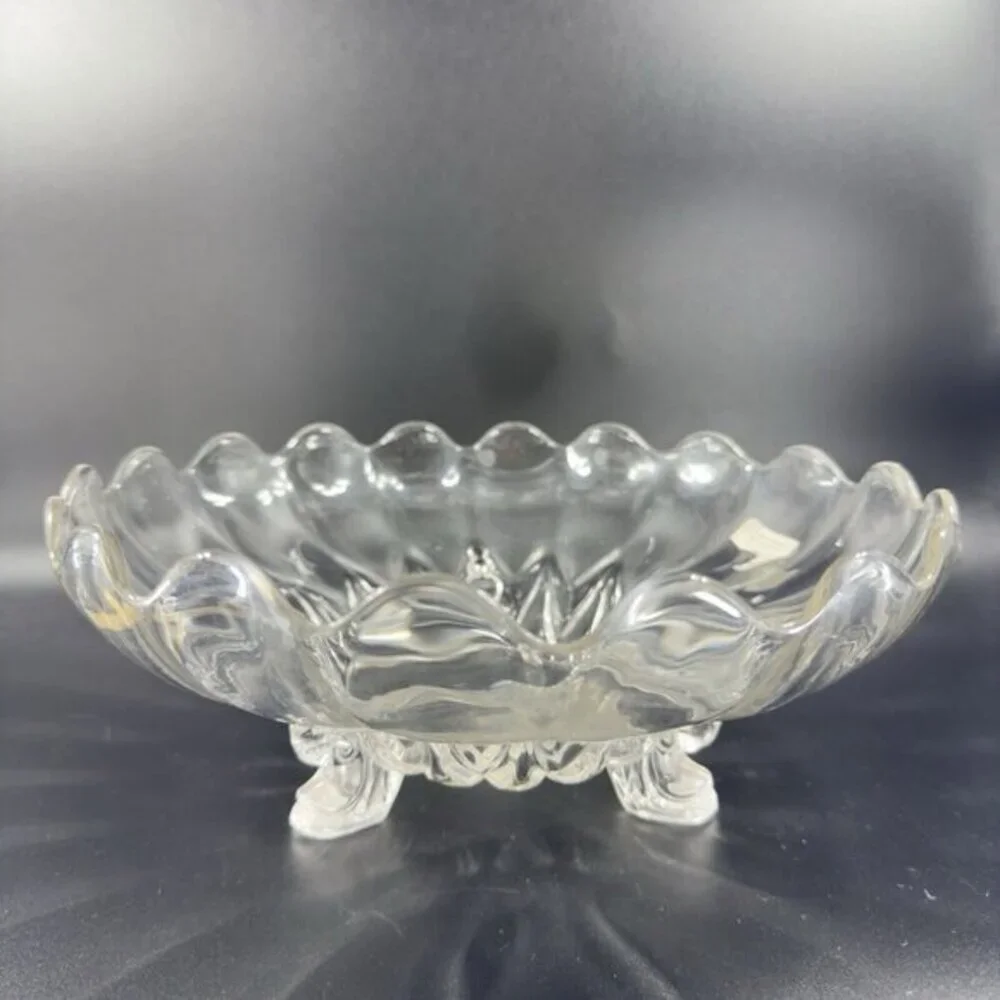 Antique Clear 3 Footed Bowl Dish Janice Glass Green‎ UV Manganese 365nm Glowing